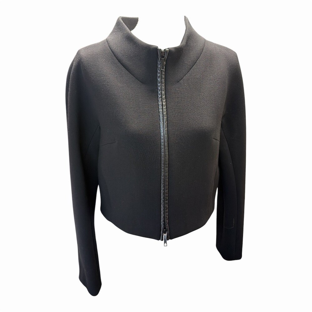 Lafayette 148 NY Virgin Wool Leather Trim  Blue Strip Jacket 2 Black Full Zip